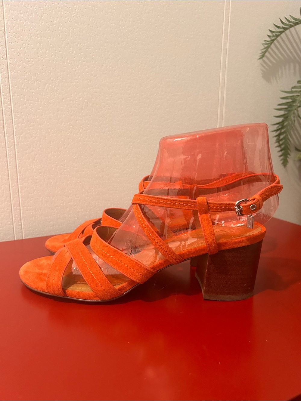 Coach Size 11 Terri Deep Coral Suede Strappy Block Heel Sandals